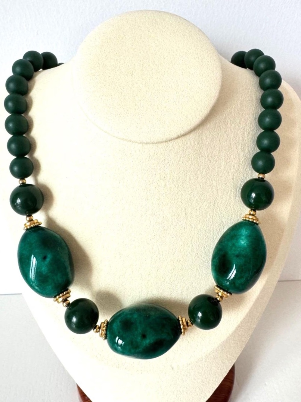 Vintage Japanese Kutani Porcelain Bead Necklace Green Chunky Statement Jewelry